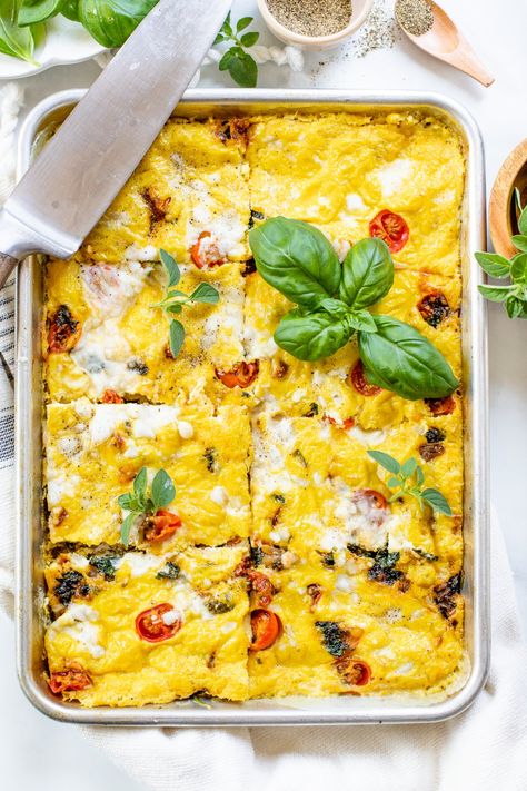 Sheet Pan Vegan Frittata Sautéed Tomatoes, Vegan Sheet Pan, Vegan Frittata, Sauteed Tomatoes, Oregano Salt, Vegan Feta, Mediterranean Flavors, Sheet Pan Suppers, Pan Recipe