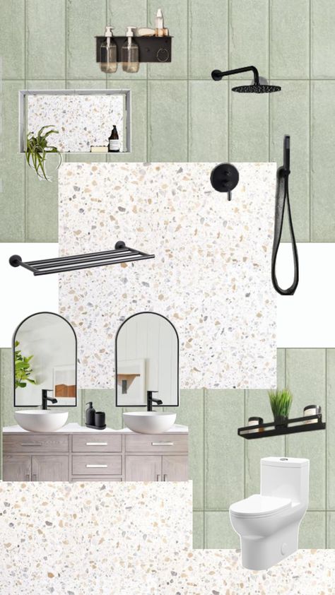 Terrazzo & sage green tiles with black fixtures Green Terrazzo Bathroom, Sage Green Tiles, Sage Tile, Sage Bathroom, Terrazzo Bathroom, Green Terrazzo, Black Fixtures, Green Tiles, Terrazzo Tiles