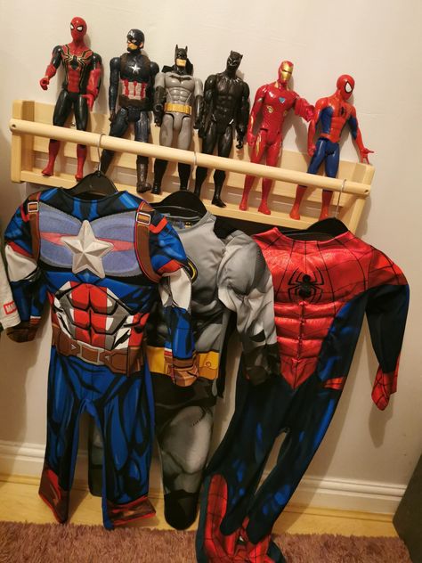 Boys superhero bedroom storage idea Nj House, Boys Superhero Bedroom, Toy Room Ideas, Superhero Storage, Slat Wall Display, Superhero Bedroom, Superhero Room, Boy Bedroom Design, Avengers Birthday