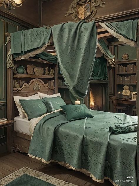 Hogwarts Dorm Aesthetic Slytherin, Hogwarts Dorm Slytherin, Slytherin Dormitory Aesthetic, Slytherin Dorm Room Hogwarts Legacy, Slytherin Dorm Room Aesthetic, Slytherin Dorm Room Ideas, Slytherin Dorm Aesthetic, Hogwarts Dorm Aesthetic, Slytherin Common Room Bedroom