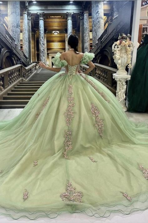 Quinceanera Dresses Corset, Sage Green Quinceanera Dresses, Sage Green Quinceanera, Tiana Wedding, Corset Ball Gowns, Green Quinceanera, Green Quinceanera Dresses, Off Shoulder Tulle, Quinceanera Themes Dresses