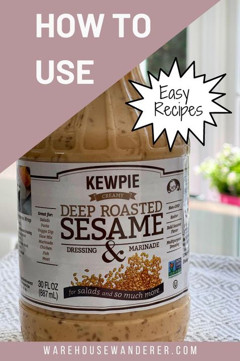 Looking for an easy dinner recipe using Costco products? Check out Warehouse Wanderer's Kewpie Sesame Dressing Recipes! This versatile salad dressing is the perfect addition to any meal, from chicken to salads. Get inspired and add it to your next Costco haul. Click to visit Warehouse Wanderer for more delicious recipe ideas! Salads With Sesame Dressing, Kewpie Dressing Salad, Sesame Dressing Chicken, Costco Sesame Dressing Recipes, Kewpie Roasted Sesame Dressing Salad, Kewpie Deep Roasted Sesame Dressing Recipes, Kewpie Recipe Ideas, Kewpie Roasted Sesame Dressing Recipes, Toasted Sesame Dressing Recipes