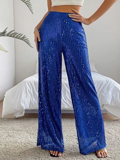 SHEIN SXY High Waist Sequin Wide Leg Pants | SHEIN USA Blue Sequin Pants, Shine Costume, Aristocratic Style, Stage Fashion, Eras Outfit, Wonderland Theme, Star Struck, Dirty 30, Women Bottoms