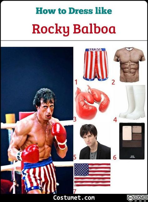 Rocky Balboa's costume involves a typical boxer gear such as boxing shorts, gloves, and an optional USA flag as props.           #Rocky #male #movies #muscular #SylvesterStallone #Rocky #boxer Rocky Halloween Costume, Rocky Balboa Costume, Rocky Balboa 1, Red Boxing Gloves, Boxing Boots, Red Gloves, Boxing Shorts, Costume For Halloween, Rocky Balboa