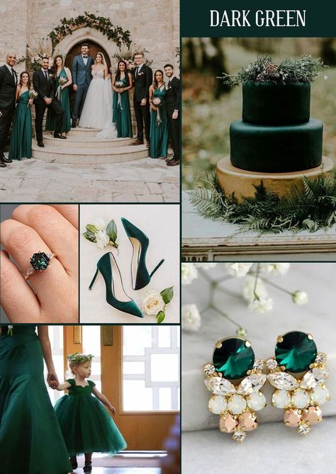 Viridian Wedding Dress, Dark Green Black White Wedding, Forest Green Bride Dress, Wedding Theme Ideas Emerald Green, Dark Green Linens Wedding, Emerald Green Wedding Theme Bridesmaid, Deep Green And Gold Wedding, Dark Green Wedding Bridesmaid Dresses, Wedding Decorations Dark Green