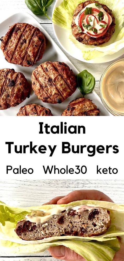 These Italian Turkey Burgers are an easy and fun dinner! Ground turkey burgers are stuffed with olives, sun-dried tomatoes, garlic and more for moist, juicy burgers bursting with flavor. Plus you have to try them with the easiest pickled red onions and two-ingredient balsamic mayo sauce. And by serving these in lettuce cups, they're gluten-free, low carb, keto, Paleo and Whole30 friendly! Dairy Free Ground Turkey Recipes, Italian Turkey Burger, Italian Ground Turkey, Balsamic Mayo, Dinner Ground Turkey, Ground Turkey Burgers, Whole30 Snacks, Whole30 Lunch, Whole 30 Snacks