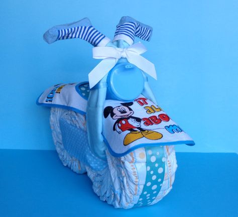 Diaper Motorcycle - Boy Diaper Cake - Diaper Bike - Mickey Mouse Bike on Etsy, $50.00 Cake Motorcycle, Motorcycle Boy, Motorcycle Diaper Cake, Diaper Motorcycle Cake, Mickey Baby Showers, Diaper Bouquet, Diaper Cake Boy, Baby Bike, Baby Shower Diaper Cake