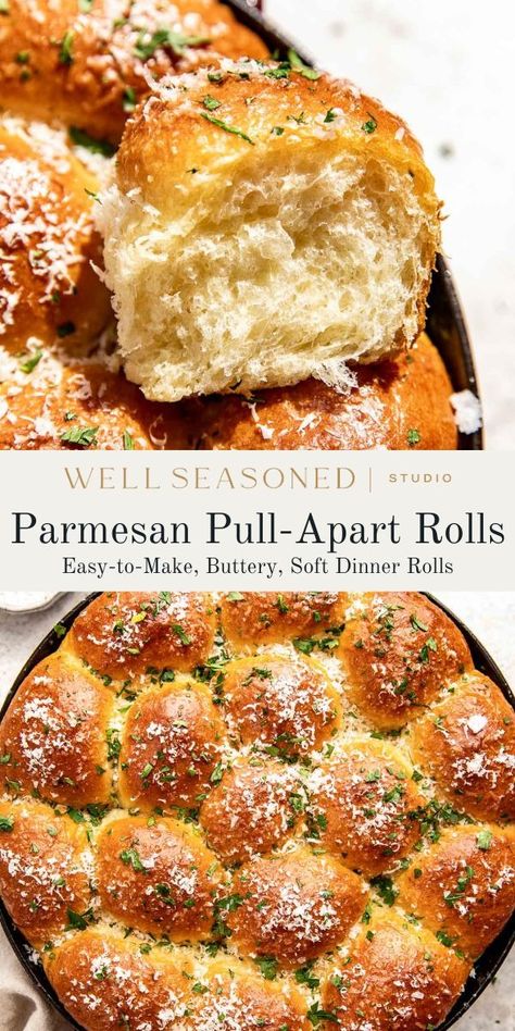 Fluffy, buttery, and topped with nutty Parmigiano Reggiano and fresh parsley, these Parmesan pull apart rolls are the perfect addition to any meal. The dough comes together in a stand mixer and is really easy to work with. You can make 16 larger rolls or 24 smaller rolls. These have a tendency to disappear quickly! Freezer-friendly. #wellseasonedstudio #dinnerrolls #rolls #homemaderolls Pull Apart Bread Recipes, Pull Apart Dinner Rolls, Eggs Appetizers, Baked Salad, Pull Apart Rolls, Nuts Dessert, Seafood Scallops, Pesto Bread, Tasty Bread Recipe