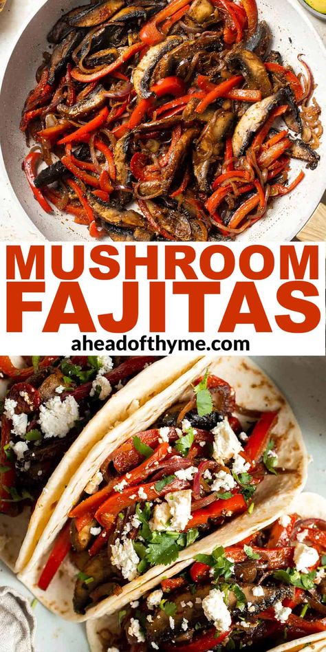 These Mushroom Fajitas have all the sizzle and flair of traditional fajitas without the meat! The thick slices of portobello mushrooms look just like skirt steak alongside the sautéed peppers and onions. The mixture is well seasoned with a blend of Mexican spices and lime juice. Wrap them up in tortillas with some cotija cheese, cilantro, and avocado for a perfect vegetarian meal in less than 30 minutes. | aheadofthyme.com #mushroomfajitas #portobellomushrooms #vegetarianfajit via @aheadofthyme Mushroom Fajitas, Sautéed Peppers, Vegan Fajitas, Peppers And Mushrooms, Sauteed Peppers And Onions, Mexican Side Dishes, Mexican Seasoning, Beef Fajitas, Sauteed Peppers