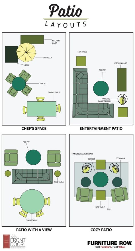 patio-layouts-front-door-blog Patio Furniture Placement, Patio Plan, Deck Furniture Layout, Patio Furniture Layout, Patio Layout, Porch Furniture, Backyard Inspiration, Patio Furniture Covers, Patio Makeover