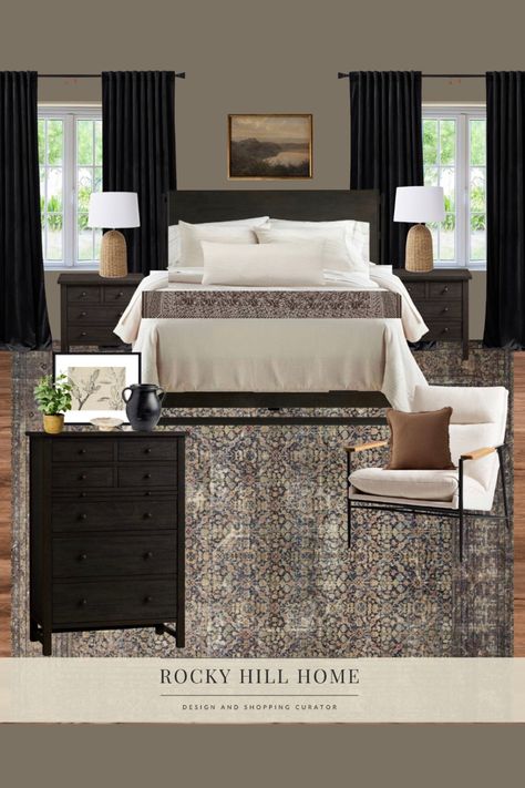 Dark neutral primary bedroom, moody master bedroom Bedroom Decor With Grey Furniture, Black Transitional Bedroom, Moody Bedroom Black Bed, Black Master Bedding, Bedroom Ideas Black Curtains, Pottery Barn Lamps Master Bedrooms, Black Brown Bedroom Furniture, Charcoal Curtains Bedroom, Dark And Moody Guest Room