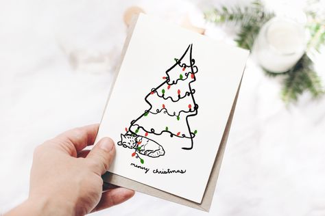 Cat lover christmas, christmas tree, original art by @courtnaysketches Christmas Cat Card, Lovers Card, Meowy Christmas, Watercolor Printable, Card Drawing, Cat Themed, Printable Christmas Cards, Cat Cards, Christmas Cat