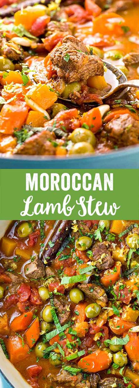 Moroccan lamb stew is a hearty Mediterranean dish packed with sweet and savory flavors. Each serving is loaded with fragrant braised vegetables and couscous for a complete meal! via @foodiegavin Moroccan Lamb Slow Cooker, Green Olive Pasta, Moroccan Lamb Stew, Corned Beef Stew, Braised Vegetables, Cultural Recipes, East Recipes, Lamb Stew Recipes, Moroccan Recipes