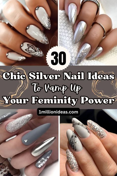 30 Chic Silver Nail Ideas To Vamp Up Your Feminity Power Silver Nail Ideas, Sliver Nails, Anniversary Nails, Silver Acrylic Nails, Foil Nail Designs, Metallic Nails Design, Silver Nail Designs, Grey Nail Designs, Silver Nail Art