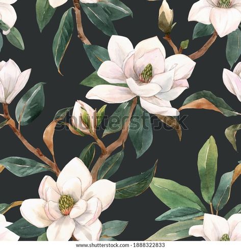 Beautiful Seamless Pattern Hand Drawn Watercolor Stock Illustration 1888322833 | Shutterstock Peel And Stick Wallpaper Black, Magnolia Wallpaper, Floral Peel And Stick Wallpaper, Wallpaper Rose, Mountain Decal, Kids Room Decals, Bedroom Decorations, Neutral Wallpaper, White Magnolia