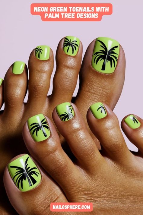 Bring tropical vibes to your summer look with these neon green toenails featuring stylish palm tree designs. Perfect for beach days and poolside parties, these nails suit all skin tones. Click to explore more tropical nail art ideas! Green Toenails, Summer Toenail Designs, Toe Nail Designs For Summer, Cute Toenail Designs, Tropical Nail Art, Nail Designs For Summer, Toenail Designs Summer, Red Toenails, Toenail Designs