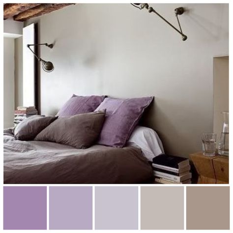 Love these colours! Purple Chroma Reduction colour palette with grey and tinted caramel brown. Hues reduced with grey create a subtle ‘Shadow’ palette and these often have a calm, subdued feel, depending on contrast levels. Colour reduction is when the intensity or purity of a hue is reduced by adding white (tints), another hue (contrasting hue), black or grey. Chroma reduction illustration by Zena O’Connor. Purple And Brown Bedroom, Light Purple Room, Bedroom Loft Ideas, Indian Bedroom Decor, Brown Rooms, Purple Mauve, Purple Rooms, Bedroom Wall Paint, Small Apartment Living Room