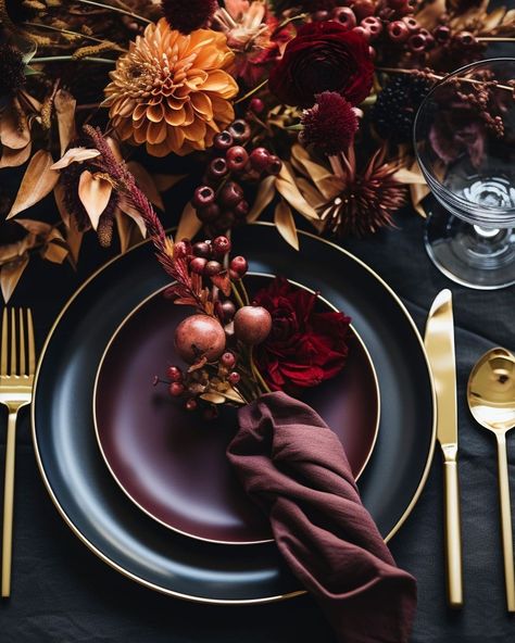 Swipe for deep rich Thanksgiving settings I dreamed up in midjourney #aiart #aiinteriordesign | Instagram Moody Dinner Setting, Fall Simple Tablescapes, Moody Place Setting, Moody Tablescape Dinner Party, Plum Thanksgiving Tablescape, Design Table Dinner, Burgundy Thanksgiving Decor, Dark Thanksgiving Table, Purple Thanksgiving Tablescape