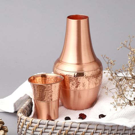 Amazon.com | Pure Copper Bedside Water Carafe with Tumbler, For Ayurveda Health Benefits - Capacity - 1.4 Lt. (47.3 US Fluid Ounce): Tumblers & Water Glasses Copper Tumblers, Bedside Water Carafe, Royal Kitchen, Bedside Carafe, Copper Water Bottle, Copper Vessel, Copper Cups, Water Carafe, Copper Mugs