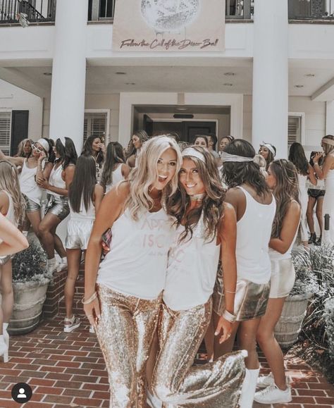 Disco Ball Bid Day Theme Disco Bid Day Theme, Disco Bid Day, Sorority Recruitment Ideas, Kappa Bid Day, Studio 54 Fashion, Tagline Ideas, 70s Dance, Farmville Virginia, Work Week Themes