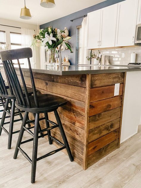 Kitchen Island Shiplap - Sprucing Up Mamahood Wood Shiplap Island Kitchen, Front Of Island Ideas, Diy Kitchen Island Projects, Kitchen Island Shiplap, Island Shiplap, Timber Island, Shiplap Bar, Kitchen Workbench, Cropped Denim Jacket Outfit