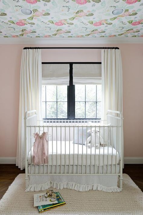 Dainty as ever, this sweet nursery features simplicity as well as detailed accents compiled to create a divine setting. Transitional Nursery, Pattern Ceiling, Kids Ceiling Lights, Nursery Bassinet, Nursery Trends, Sweet Nursery, Wallpaper Ceiling, Diy Accent Wall, Girl Nursery Room