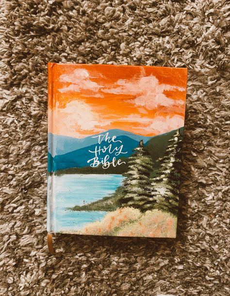 Painted Bible Mountains, Bible Cover Paintings, Painted Bible Cover Ideas, Bible Painting Cover, Painted Scriptures, Painting Bibles, Legacy Bible, Painted Bible Cover, Hand Painted Bible Cover