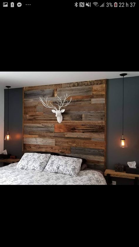 Accent Wall Behind Bed Wood, Accent Wall Bedroom Rustic, Wooden Wall Behind Bed, Wood Plank Wall Bedroom, Wood Behind Bed, Wood Wall Bedroom Ideas, Bedroom With Wood Wall, Wood Wall Behind Bed, Wooden Accent Wall Bedroom