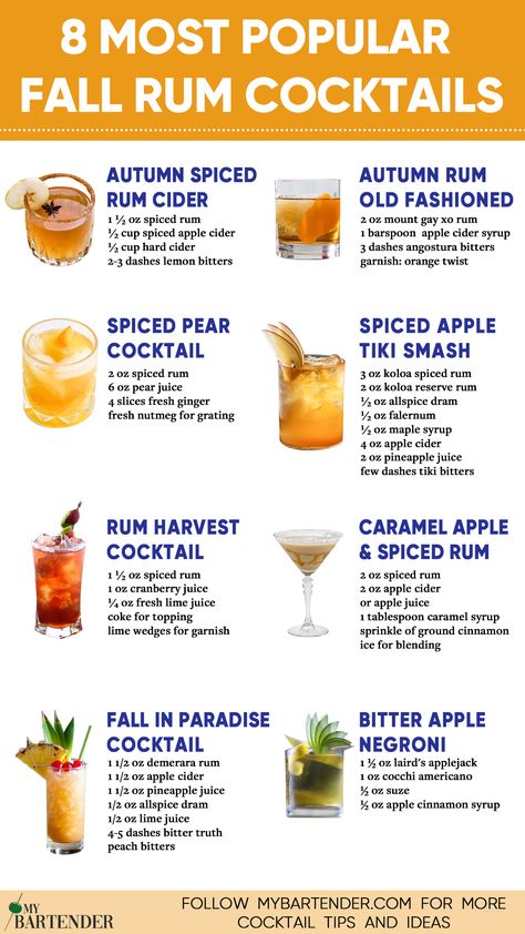 Fall Rum Cocktails Fall Cocktails With Rum, Fall Inspired Mock Tails, Fall Drinks With Rum, Spiced Rum Cocktails Recipes, Coctails Recipes Easy Fall Vodka, Rum Cocktails Fall, Fall Wedding Drinks Signature, Spice Rum Cocktails, Fall Craft Cocktails