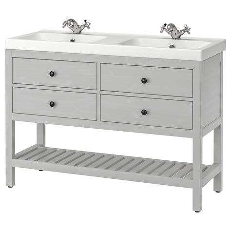 HEMNES / ODENSVIK Open wash-stand with 4 drawers, gray/Runskär faucet, 483/8x191/4x321/4" 48 Inch Double Sink Vanity, Dee Reynolds, Ikea Vanity, Trough Sink, Ikea Bathroom, Vanity With Sink, Wash Stand, Ikea Hemnes, Small Vanity