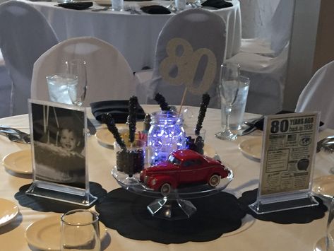 1940 Ford Themed Centerpiece for 80th Birthday Party Lowrider Centerpieces, Car Centerpieces, 1940s Party, Car Theme, 1940 Ford, Cars Party, Car Birthday, 80th Birthday Party, Car Themes