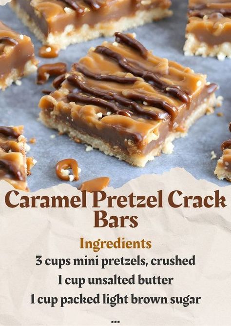 No-Bake Caramel Pretzel Crack... - Tina's Delicious Recipes No Bake Caramel Pretzel Cracker Bars, Pretzel Recipe Dessert, Carmel Desserts, Event Desserts, Sunday Treats, Candy Cookies Recipes, Chocolate Dessert Bar, Pretzel Bark, Chocolate Ingredients