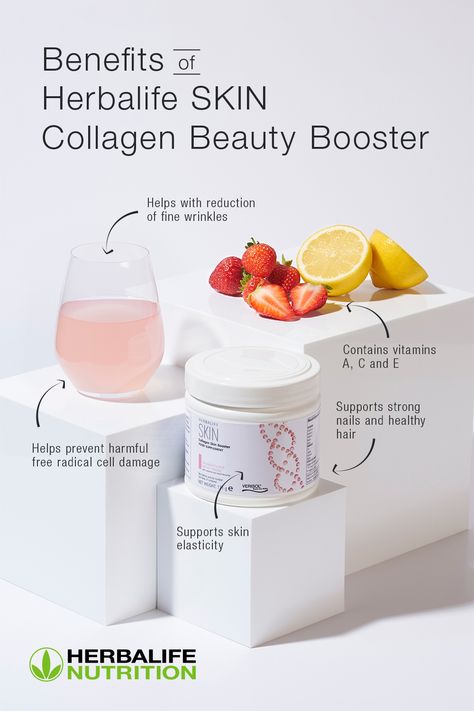 Collagen promotes healthy looking skin. Herbalife SKIN® Collagen Beauty Booster helps support skin elasticity and the reduction of fine wrinkles. Learn more about foods and supplements that nourish the skin. #Collagen #Skincare #SelfCare Herbalife Shop, Herbalife Nutrition Facts, Herbalife Meal Plan, Herbalife Business, Herbalife Nutrition Club, Foods For Healthy Skin, Nutrition Club, Skin Supplements, Herbalife Recipes