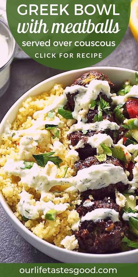 Greek Beef Bowl, Ground Beef Greek Bowl, Greek Meatball Bowl, Greek Bowl Recipe, Greek Bowls, Greek Bowl, Mediterranean Meatballs, Mediterranean Foods, Homemade Tzatziki Sauce