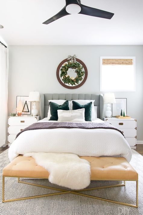 Easy decor swaps to decorate your bedroom for the holidays. Tips to decorate your bedroom for the holidays. You don't need tons of decorations to make your bedroom feel magical for Christmas. Add a wreath, a few decorations on the nightstand, and a cozy throw blanket and you're good to go! #bedroom #holidaybedroom #Christmas #holidaydecor #homestyling How To Maintain A Clean Room, Time Organization, Organize Clutter, Perfect Grey Paint, Tidy House, Dresser Bedroom, Matching Nightstands, Decorating 101, Diy Playbook