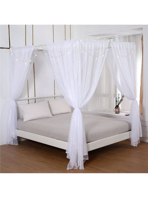 White  Collar  Polyester   Embellished  All Seasons Bedding Curtains With Lights, Bed Canopy Curtains, Princess Curtains, White Canopy Bed, Curtains Bed, Princess Canopy Bed, Princess Canopy, Queen Canopy Bed, Bed Drapes