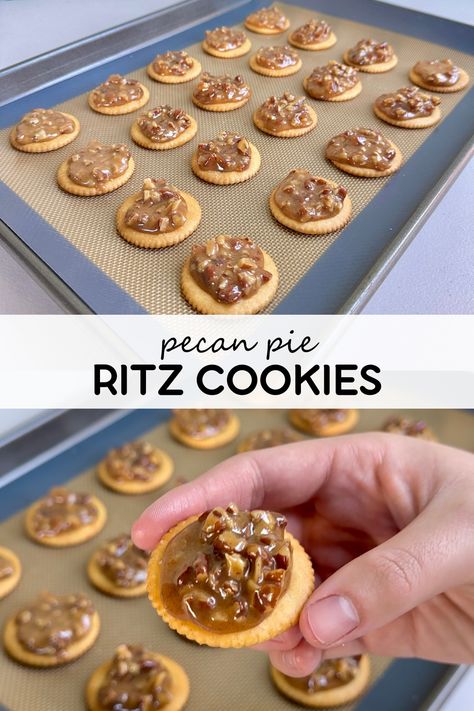 Looking for an easy holiday cookie? My pecan pie ritz cookies have a nutty caramel topping and are the perfect addition to cookie platters! I love a recipe that looks impressive but barely requires any effort to make and these pecan pie ritz cookies are just that! Buttery, flakey ritz crackers act as the “cookies” to these no bake pecan pie cookies and are the perfect time saving shortcut! Pecan Pie Ritz Cookies, Caramel Ritz Crackers Dessert, Pecan Pie With Ritz Crackers, Christmas Candy Ritz Crackers, Easy Holiday Treats No Bake, Rollo Ritz Crackers, Easy Pecan Pie Cookies, Ritz Candy Recipes, Ritz Cookies Peanut Butter