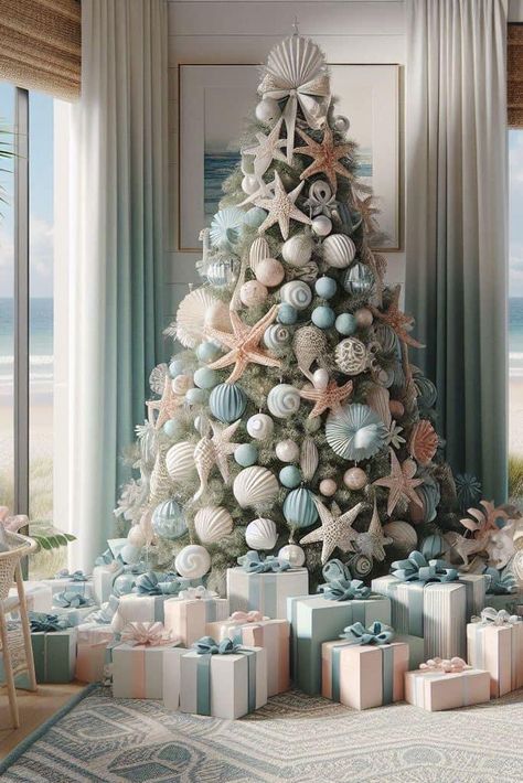 Christmas Tree Colour Scheme, Beach Christmas Trees, Elegant Christmas Tree Decorations, White Christmas Tree Decorations, Christmas Tree Decorating Ideas, Tree Decorating Ideas, Coastal Christmas Tree, Christmas Tree Decorating, Coastal Christmas Decor