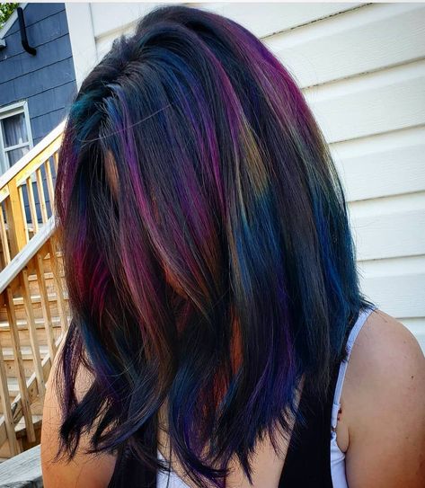 Secret rainbow. 😂  We used the baby light technique to creat a holographic feel on her dark  hair  @pulpriothair #pulpriothair #pulpriot… Dark Prism Hair, Holographic Hair Dark, Dark Rainbow Hair, Rainbow Highlights, Fantasy Hair Color, Rosa Hair, Holographic Hair, Pulp Riot Hair, Baby Light