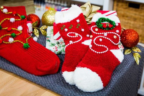 Orly Shani is getting into the holiday spirit with this fun and colorful DIY. Christmas Sock Party, Christmas Sock Ideas, Diy Christmas Socks, Snowflake Quotes, Christmas Socks Exchange, Lucia Christmas, Ugly Christmas Socks, Holiday Hair Ideas, Home And Family Crafts