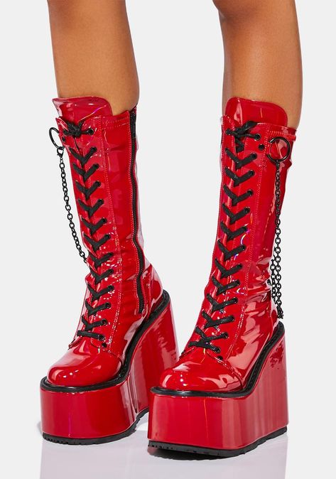 Red Platform Boots, Galaxy Boots, Shoes Platform Boots, Oc Things, Red Holographic, Platform Shoes Boots, Demonia Boots, Pop Shoes, Dolls Kill Shoes