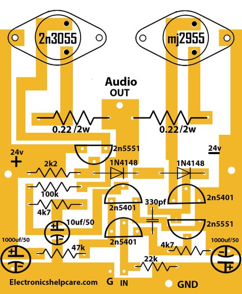 It’s the amplifier circuit diagram using 2n3055 and mj2955. this is PNP and NPN amplifier circuit. in this circuit, we can use 25-0-25 to 50-0-50 voltage. it needs dual voltage. positive negative and ground voltage. here used a 2n3055 transistor for the NPN transistor. and mj2955 for the mj2955. this pair of transistors can make a good-quality sound. Pre Amplifier Circuit Diagram, Audio Amplifier Circuit Diagram, Lm3886 Amplifier Circuit, Mini Amplifier, Hifi Amplifier, Diy Guitar Amp, Tda7388 Amplifier Circuit, 2sc5200 2sa1943 Amplifier Circuit, 2n3055 Amplifier Circuit