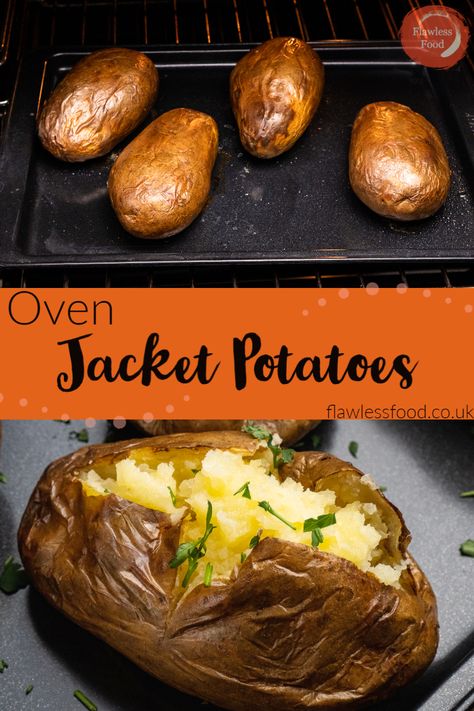 Jacket potatoes cooked in the oven, also known as baked potatoes, are a classic and satisfying dish that can be enjoyed year-round. The key to achieving perfectly crispy skin and fluffy insides is to bake the potatoes at a high temperature after rolling them in salted water. This method adds flavour and draws out excess moisture from the potato skin, resulting in a deliciously crunchy texture. Jacket Potato Oven, Jacket Potato Recipe, Jacket Potatoes, Potatoes In Oven, Uk Recipes, Vegetarian Bake, Potato Skin, Jacket Potato, How To Cook Potatoes