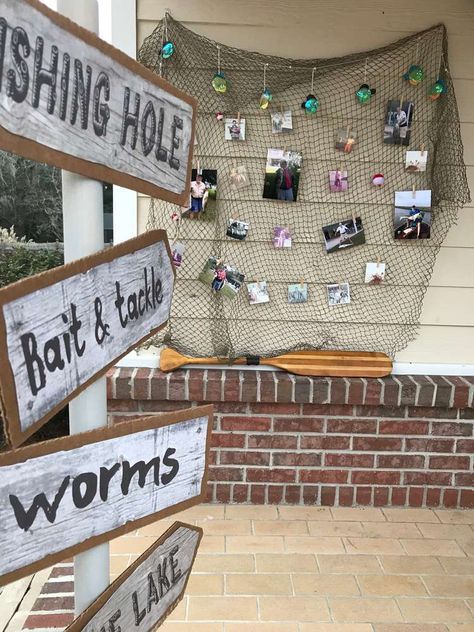 Fisherman Themed Birthday Party, 50th Birthday Party Fishing Theme, Fish Fry Decorations, Rustic Fishing Birthday Party, Fish Fry Party Decorations Ideas, Gone Fishing Decorations, Fisherman Theme Party, Bass Fishing Party Ideas, Gone Fishing Retirement Party