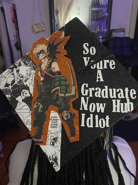 Jojo Graduation Cap, Anime Cap Ideas For Graduation, Anime Themed Graduation Caps, Graduation Cap Anime Designs, Anime Cap Decoration Graduation, Mha Graduation Cap, Cap Decoration Graduation Anime, Haikyuu Graduation Cap, Demon Slayer Graduation Cap