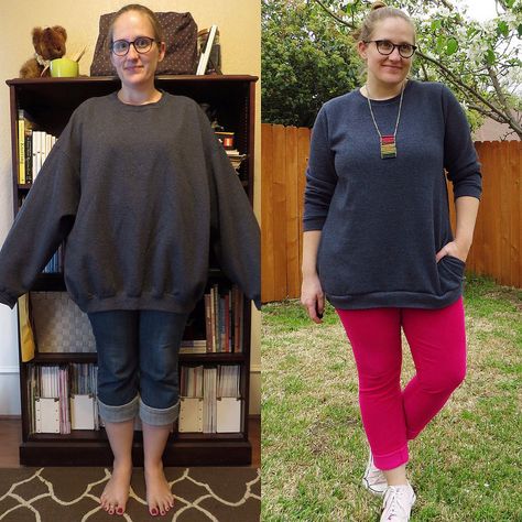 Sweatshirt Refit - Before & After Clothing Upcycle, Lazy Person, Athleisure Style, Diy Tops, Athleisure Trend, Upcycle Sewing, Tunic Pattern, Athleisure Fashion, How To Make Clothes