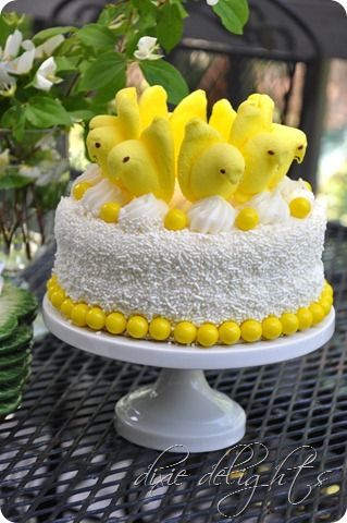 Easter Cake Idea ~ simply add Peeps and yellow gumballs to a store bought cake. I would make a white cake with white icing and coconut for this cake! Peeps Recipes, Cute Easter Desserts, Peeps Cake, Store Bought Cake, Easter Desserts Recipes, Easter Goodies, Easter Cake, Easter Dinner, Easter Dessert