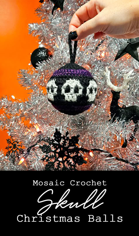 Learn how to make these easy mosaic crochet skull Christmas ball ornaments for your goth or Halloween themed tree! These balls are great for using metallic or sparkly glitter yarn, and you can also stuff them with styrofoam, fiberfill, or anything you have on hand. #mosaiccrochet #skullchristmas #skullcrochet #gothcrochet #gothchristmas #hexmas #gothmas #creepmas #sixeldesign Diy Skull Christmas Ornaments, Diy Goth Ornaments, Halloween Crochet Ornaments, Crochet Halloween Ornaments, Christmas Ornament Crochet Patterns Free, Christmas Ball Crochet, Dark Christmas Tree, Crochet Christmas Tree Ornaments, Dark Crochet