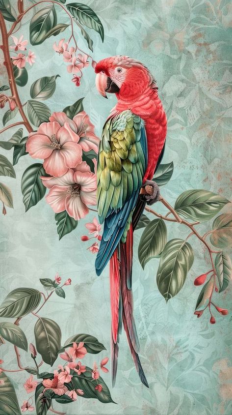 Wallpaper parrot clothing apparel animal. | free image by rawpixel.com / Tanat Chittirungsan Chair Renovation, Parrot Wallpaper, Parrots Art, Panel Fabric, Tropical Parrot, Vintage Tropical, Fabric Wall Art, Nature Art Painting, Panel Wall Art