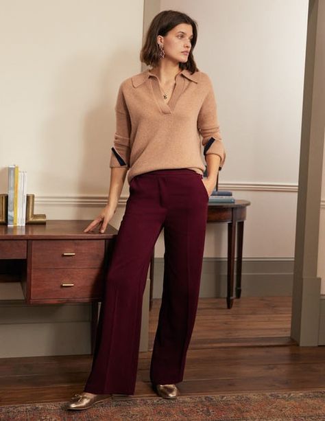 Albemarle Wide Leg Pants - Mulled Wine | Boden US Wine Trousers Outfit, Burgundy Trousers Outfit, Burgundy Pants Outfit, Maroon Pants Outfit, Wine Pants, Red Pants Outfit, Burgundy Trousers, Chic Office Wear, Maroon Outfit